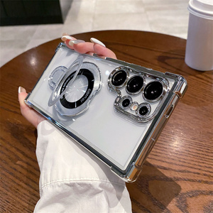 Cassa del telefono magnetica Anti-goccia a quattro angoli trasparenti placcati <span class=keywords><strong>per</strong></span> Samsung S24 S23 <span class=keywords><strong>S22</strong></span> Ultra Plus con supporto in metallo - Product Image 1