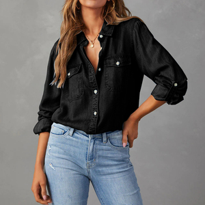 Camicie in Denim <span class=keywords><strong>da</strong></span> <span class=keywords><strong>Donna</strong></span> Primavera-Autunno con Bottoni, Maniche Arrotolabili, Top Casual in <span class=keywords><strong>Jeans</strong></span> con Tasche - Product Image 3