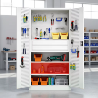 Armoire de rangement industrielle moderne en acier avec porte verrouillable, étagères réglables et porte perforée pour garage