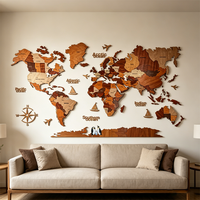 YZOK Art mural rustique en bois 3D multi-couches, carte du monde, boussole, pingouin abstrait, grandes tailles, décoration pour salon et espaces commerciaux