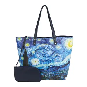 Wholesale factory Blue Starry Sky Reversible Tote Bag for Women Double sided custom print Leather hand bag design leather bags