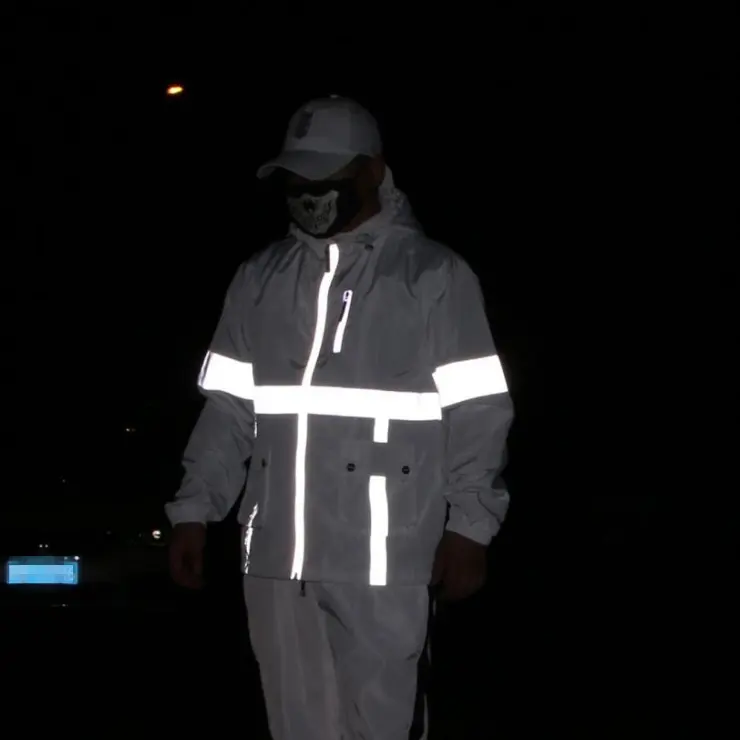 high visibility unisex white black color block safety reflective hooded jacket coat windbreaker clothing with warning reflectors
