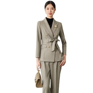Women's Wool Suit Set Solid Color Double Breasted Blazer With Belt Pants Anti-Wrinkle Formal Wear - Product Image 5