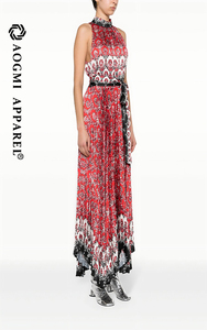 Couture Fashion Women's Printed Halter Neck off the Shoulder Sleeveless Lace-Up Maxi Asymmetrical 100% <strong>Silk</strong> <strong>Summer</strong> <strong>Dress</strong> - Product Image 4