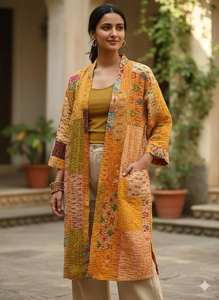 Elegante Bata Kimono Acolchada Kantha de Verano, Hecha a Mano con Parches de Sari de Seda, Estilo Indio - Product Image 3