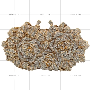 Women Luxury 3D Floral Rhinestone <b>Clutch</b> Evening Bag Gold Chain Strap Sparkling Rose Crystal Handbag for Night Out - Product Image 4