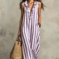 Nouvelle Robe Longue Bohème Printemps/Été 2026 Sans Manches en Lin Imprimé Rayures Style Européen et Américain pour Sites Indépendants