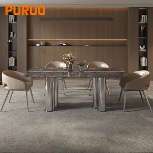 PURUOダイニングルーム家具高光沢ダイニングテーブルシルバーミラーフェイスコラムダイニングテーブル