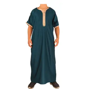 [OEM/ODM Thobe定制] 新款棉麻短袖v领时尚刺绣长袍高档丝带风格阿拉伯长袍