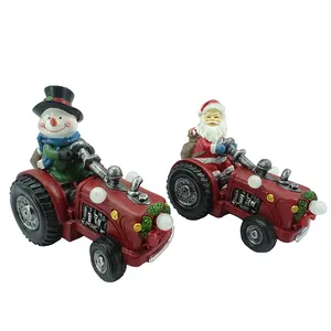 Resin Christmas Decoration Santa And Snowman Driving Light Up Tractor