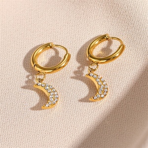 Pendientes de Aro con Colgante de Luna en Acero Inoxidable y Circonita, Bañados en Oro de 18k, Populares - Product Image 2