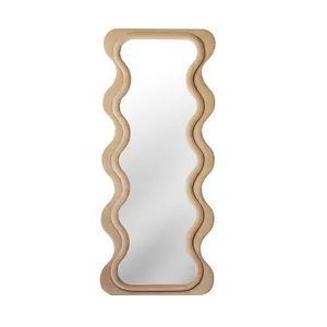 Factory supplier wood framed irregular teddy velvet long wave shape standing mirror floor mirror custom wave full length mirror