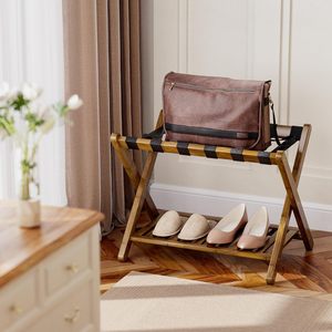 Porte-bagages, lot de 2, support de valise <span class=keywords><strong>pliable</strong></span> en <span class=keywords><strong>bambou</strong></span> avec étagère de rangement pour chambre d'amis, chambre à coucher, hôtel, robuste (noyer) - Product Image 2