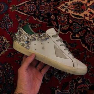 Luxury Vintage Distressed Rhinestone Embellished Star Unisex Leather Trainers Blue Heel <b>Cap</b> Low Top Lace Up Dirty Sneakers - Product Image 3