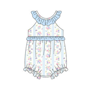 SR3851 CUSTOM Mameluco para Bebé Niña con Estampado de Flores y Rayas Azul, Mono sin Mangas al por Mayor, Conjunto de Dormir Infantil - Product Image 1