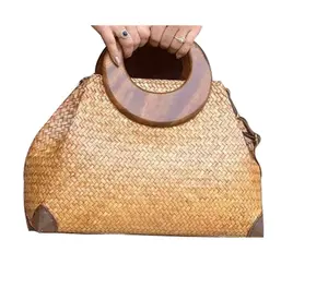 自然海草稻草手提包的妇女和女童休闲存储编织皮包包