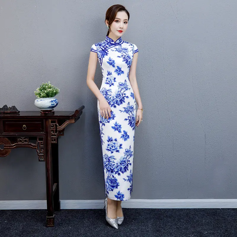 中国ブルーホワイト磁器Qipao新しいMxaiチャイナヴィンテージ中国女性ロングパーティーイブニングドレスオリエンタルQipao Vestido