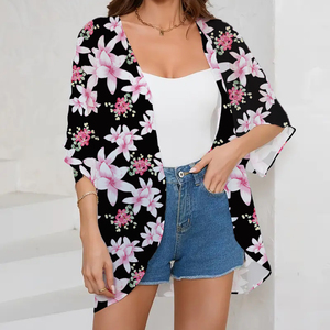 Kustom Apple-tree bunga cetak Puff lengan Kimono kardigan longgar penutup atas blus kasual atasan - Product Image 4