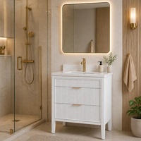 Meuble-lavabo de salle de bain autoportant en bois massif cannelé blanc avec 3 tiroirs, option miroir LED intelligent
