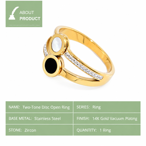 แหวนวงเปิดสีดำขาว ดีไซน์ดิสก์ สแตนเลสสตีล ชุบทอง 14K แบบสุญญากาศ ประดับเพชรซิร์คอน - Product Image 4