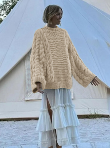 Maglione Oversize da <span class=keywords><strong>Donna</strong></span> <span class=keywords><strong>Beige</strong></span> con Collo Rotondo e Lavorazione a Trecce - Product Image 3