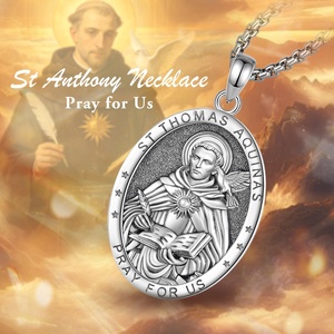 Collier pendentif ovale <span class=keywords><strong>en</strong></span> argent massif oxydé Saint <span class=keywords><strong>Thomas</strong></span> d'Aquin, médaille religieuse, bijoux de foi, articles chrétiens - Product Image 5