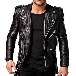 Men's Original Leather Moto <b>Jacket</b> Slim Fit Zipper Closure Turn-down Collar Regular Length Solid Color Biker Style Autumn Wear - Product Image 1