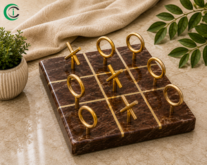 CCI Brown <b>Marble</b> Tic Tac Toe Set with Brass Inlay 6 Inches Decorative Tabletop Board <b>Game</b> with Brass O X Coins for Coffee Table - Product Image 1