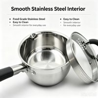 Ensemble d'ustensiles de cuisson haut de gamme en acier inoxydable, comprenant une casserole à lait et une casserole, compatible induction et gaz, passe au lave-vaisselle, poignées en silicone doux au toucher, couvercles en verre.