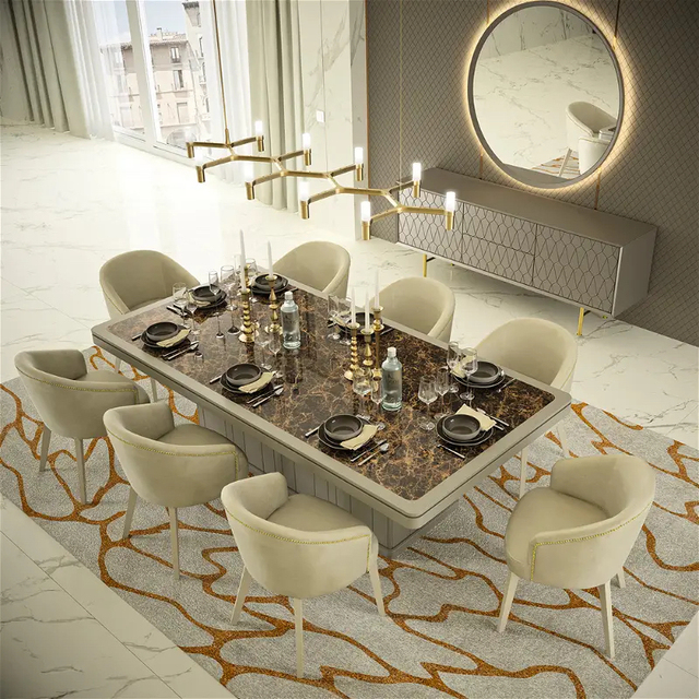 Light Luxury Rectangular Marble Console Table Simple Natural Marble Arc Metal Leg Dining Marble Table and Chair Combination
