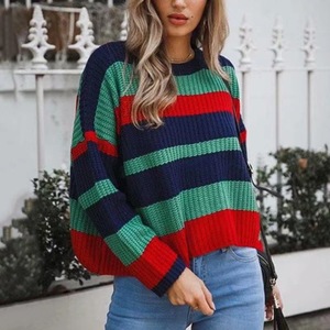 Suéter Feminino de Tricô Grosso Listrado para Outono Inverno, Gola Redonda, Ombro Caído, Canelado, Pulôver Casual Confortável e Macio - Product Image 1