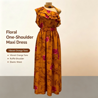 Robe plissée rétro imprimée à une épaule, taille haute élastique, coupe évasée, longueur midi, élégante et sans manches – Meilleure vente