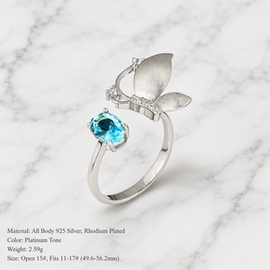 Bijoux élégants de haute qualité, argent sterling S925, coupe ovale, rhodium, bague ouverte en forme de papillon, réglable, zircon, cadeau de Noël pour femmes, vente en gros - Product Image 1