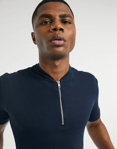 KY Waffle Muscle Fit <strong>Men's</strong> Navy Polo Plus Size Jersey <strong>T</strong>-<strong>Shirt</strong> <strong>Grandad</strong> Collar Partial Zip Fastening <strong>T</strong>-<strong>shirt</strong> Polo Coton Pour Homme - Product Image 4