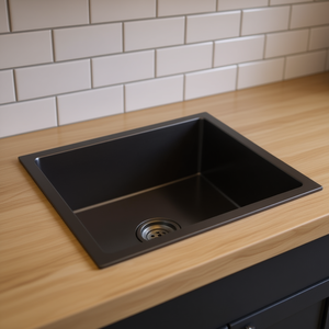 Évier de cuisine en quartz noir, simple bac, à encastrer, finition mate, design minimaliste - Product Image 2