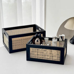 Rattan <b>Storage</b> <b>Basket</b> Rectangle Natural Wood Color Handle Office Organizer Living Room Book <b>Storage</b> Box Solid Wood Drawer - Product Image 3