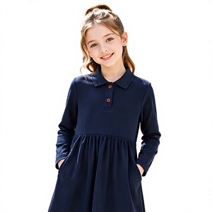 Low MOQ Children's Girls <b>Navy</b> Blue Cotton Long Sleeve School Uniform Dress with Collar Buttons for Primary Students - Product Image 1