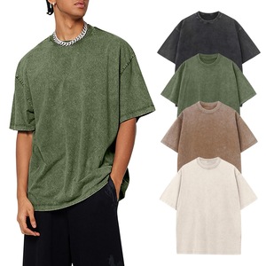 Camiseta Lavada con Efecto Desgastado, Corte Holgado, Color Sólido, Verde Militar, Negro, Albaricoque, Café, Ropa Promocional para Adolescentes - Product Image 1