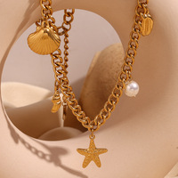 Collier tendance en acier inoxydable plaqué or, avec pendentif étoile de mer et coquillage, chaîne cubaine épaisse, étanche, cadeau pour femme