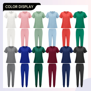 Women's Scrub Set Short Sleeve Round Neck Zipper Top With Pockets Moisture Wicking For Salon Hospital Uniforms - Product Image 3
