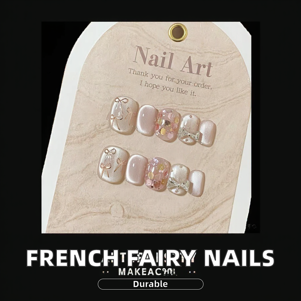 Qianya Kawaii Handmade Cat Eye Press on Nails with Dried Flower Bow Designs 10pcs Gentle Elegant Brightening Reusable Fake Nails