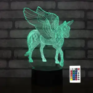 Kanat şekli ile Unicorn 3d led gece lambası çocuklar hediye lamba uzaktan kumanda led hologram lamba ABS 3AA pil kutusu hediye lamba