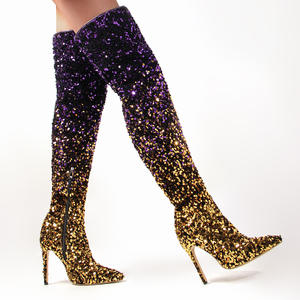 חורף מעל הברך מגפי שיפוע פאייטים נצנצים מופע נעלי ריקוד עקבים גבוהים רוכסן נשים סקסיות מגפיים - Product Image 4