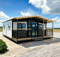 Maison Modulaire Préfabriquée Moderne avec Façade Entièrement Vitrée, Revêtement en Pierre, Terrasse en Bois, Éclairage LED, Maison Préfabriquée, Annexe de Jardin, Mini-Maison