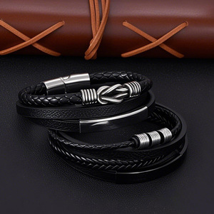 Men's Multi Layer Braided <b>Leather</b> <b>Bracelet</b> Stainless Steel Anchor Design 7.5 8.5 9 Inches Gift Jewelry - Product Image 3