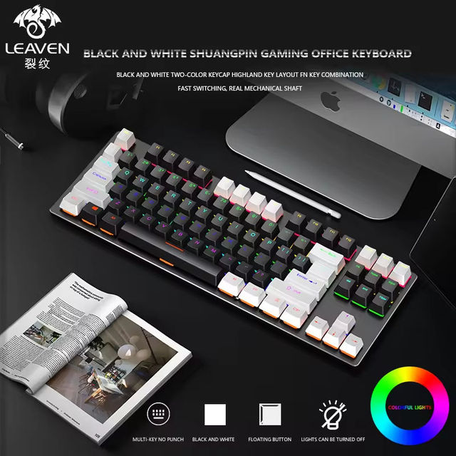 LEAVEN K550 87-Key Blue Axis Mechanical Gaming Keyboard New Design with Hot Swappable DIY Keycaps Black & White