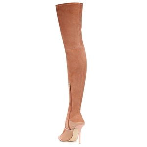 Bottes longues pour femmes en daim extensible sur mesure taille 46, talons fins, fermeture éclair latérale, bottes hautes au-dessus du genou, chaussures élastiques pour femmes - Product Image 2