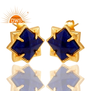 Lapis Lazuli Gemstone Earrings 14k Yellow Gold Plated Brass Fashion Designer Stud Earrings Jewelry Manufacturer - Product Image 3