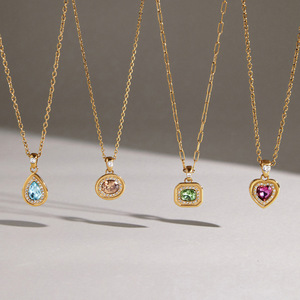 Collana con Pendente Halo in Pietra Colorata con Cornice Dorata, Design a Goccia, Ovale, Cuscino e <span class=keywords><strong>Cuore</strong></span>, Gioielli Minimalisti per Regali da Donna - Product Image 6