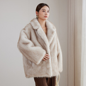 Manteau en fausse fourrure <span class=keywords><strong>beige</strong></span> de luxe pour femmes, col rabattu, chaud et moelleux, vêtement d'extérieur d'hiver élégant, veste épaisse - Product Image 3
